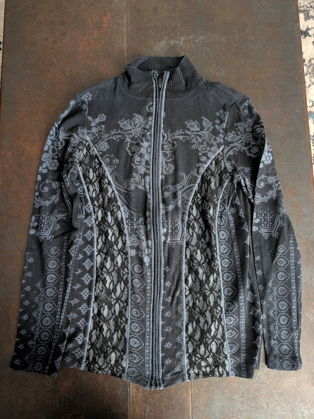 Johnny Was Black Floral Lace-Panel Zip Jacket